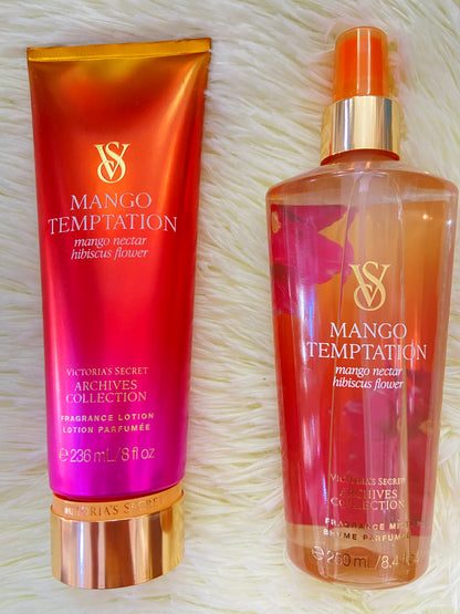 Set Victoria’s Secret original, naranja con crema y colonia, MANGO TEMPTATION, mango nectarino hibiscus FLOWER.