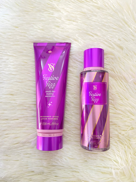 Set Victoria’s Secret original, morada con dorado, crema con colonia, FESTIVE FIZZ.