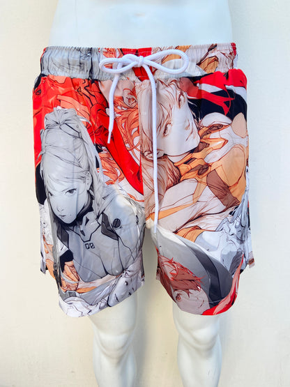 Bañador/Baggy, rojo con gris y estampado de animes.