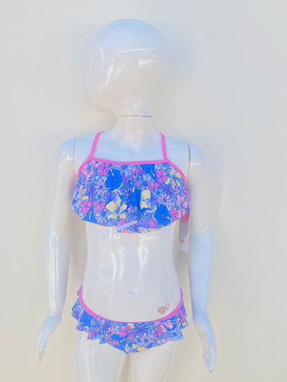 Biquini  niñas Kensie Girl original rosado con estampado de flores morado.