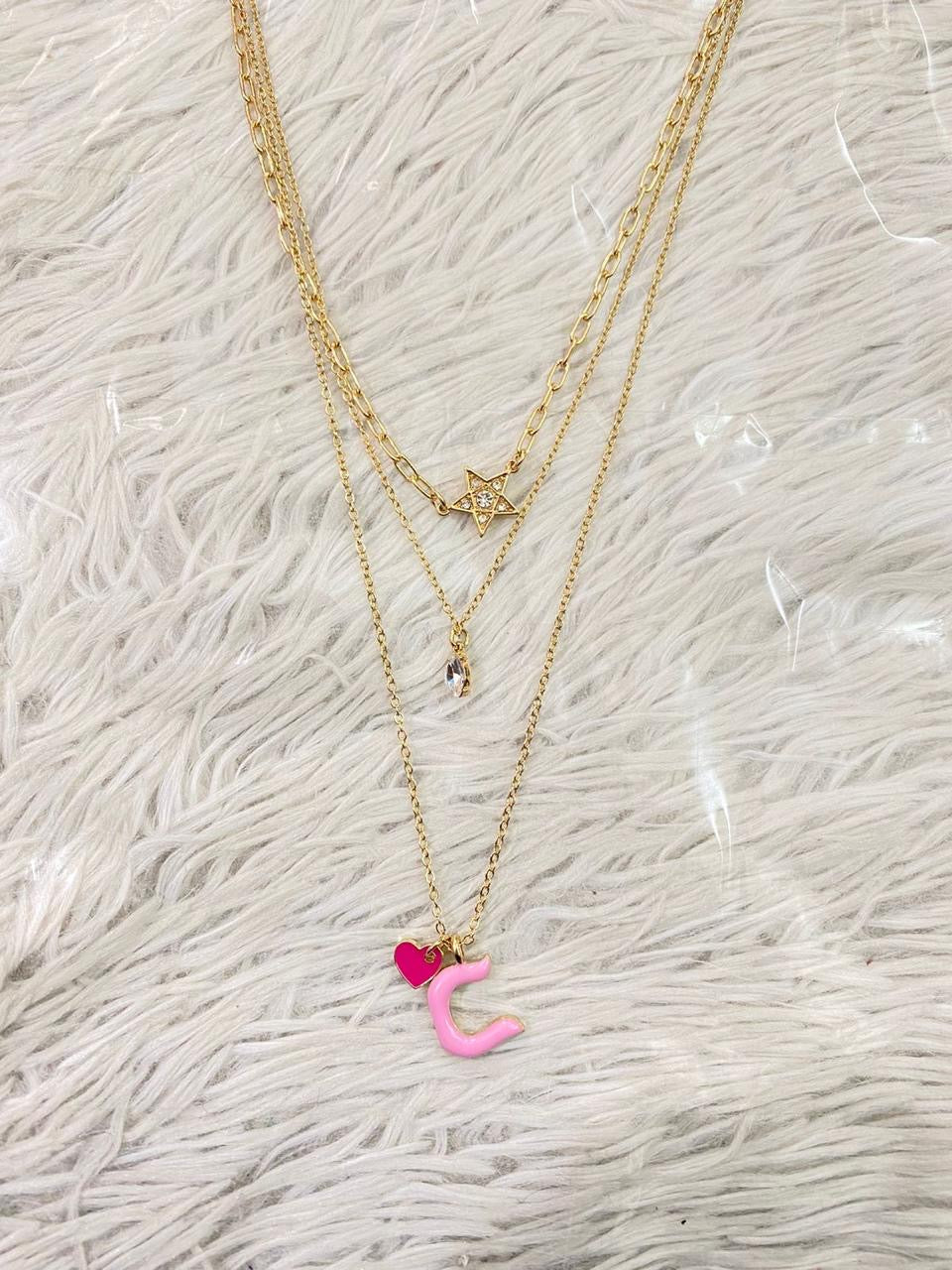 Cadena Forever 21 original, de 3 piezas, con la inicial de tu nombre en rosado, con estrella y corazón. Letras de I O C N T E D B y K disponibles