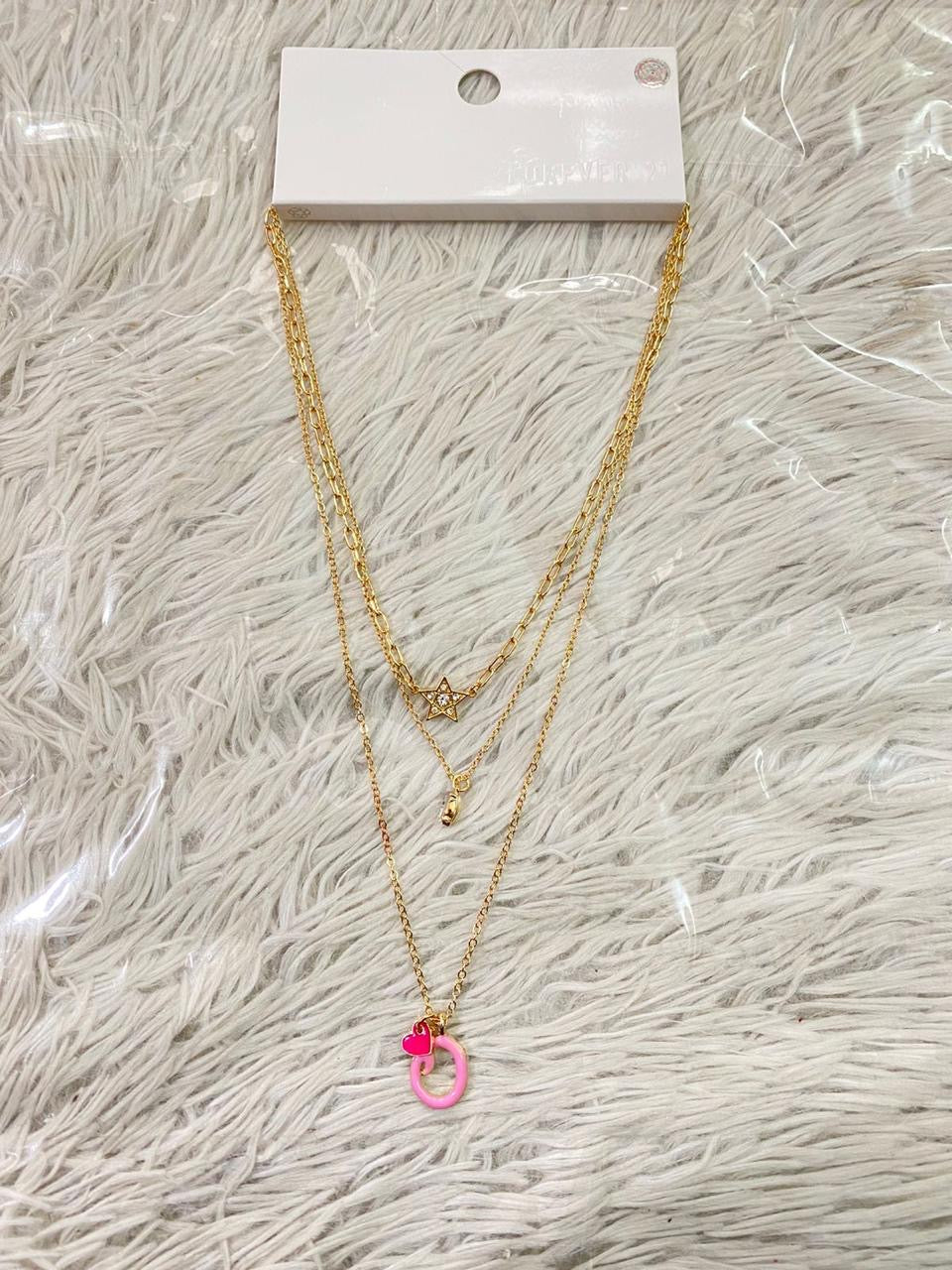 Cadena Forever 21 original, de 3 piezas, con la inicial de tu nombre en rosado, con estrella y corazón. Letras de I O C N T E D B y K disponibles