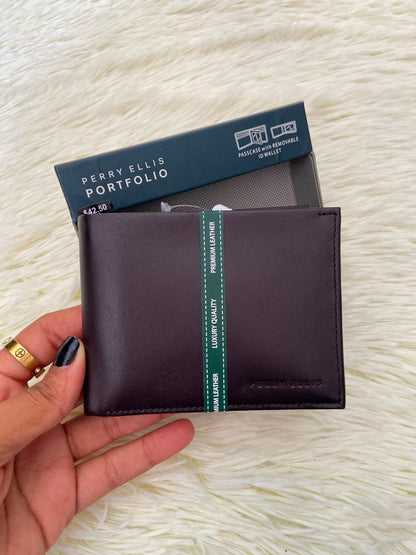 Billetera PERRY ELLIS original, Marron oscuro con varios compartimentos, PREMIUM LEATHER.