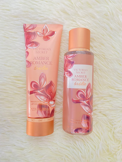 Set Victoria’s Secret original, marron con flores, crema y colonia, AMBER ROMANCE BRÍLÈE.