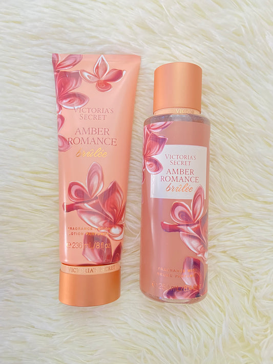 Set Victoria’s Secret original, marron con flores, crema y colonia, AMBER ROMANCE BRÍLÈE.