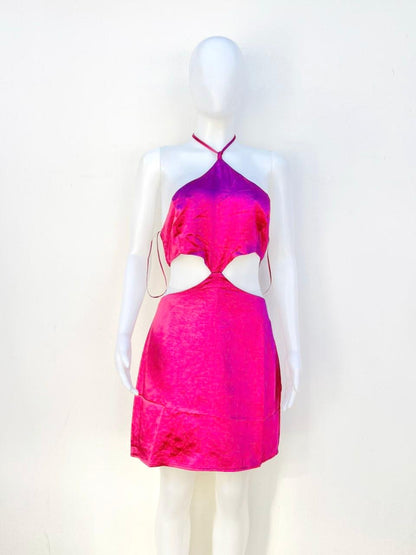 Vestido, rosado fucsia con lazos ajustables en satin.