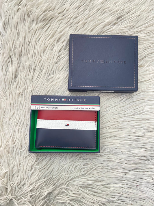 Billetera TOMMY HILFIGER Original, azul marino con rayas en color blanco y rojo, pequeño logotipo tommy.
