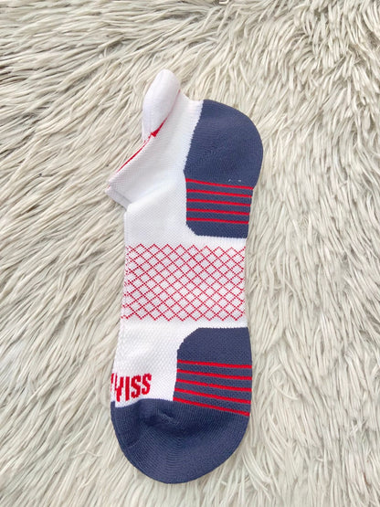 Medias K• SWISS original,  blanca con azul marino y rojo.