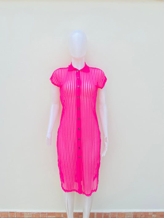 Vestido/ Cover Up, rosado fucsia, transparente y botones, largo.
