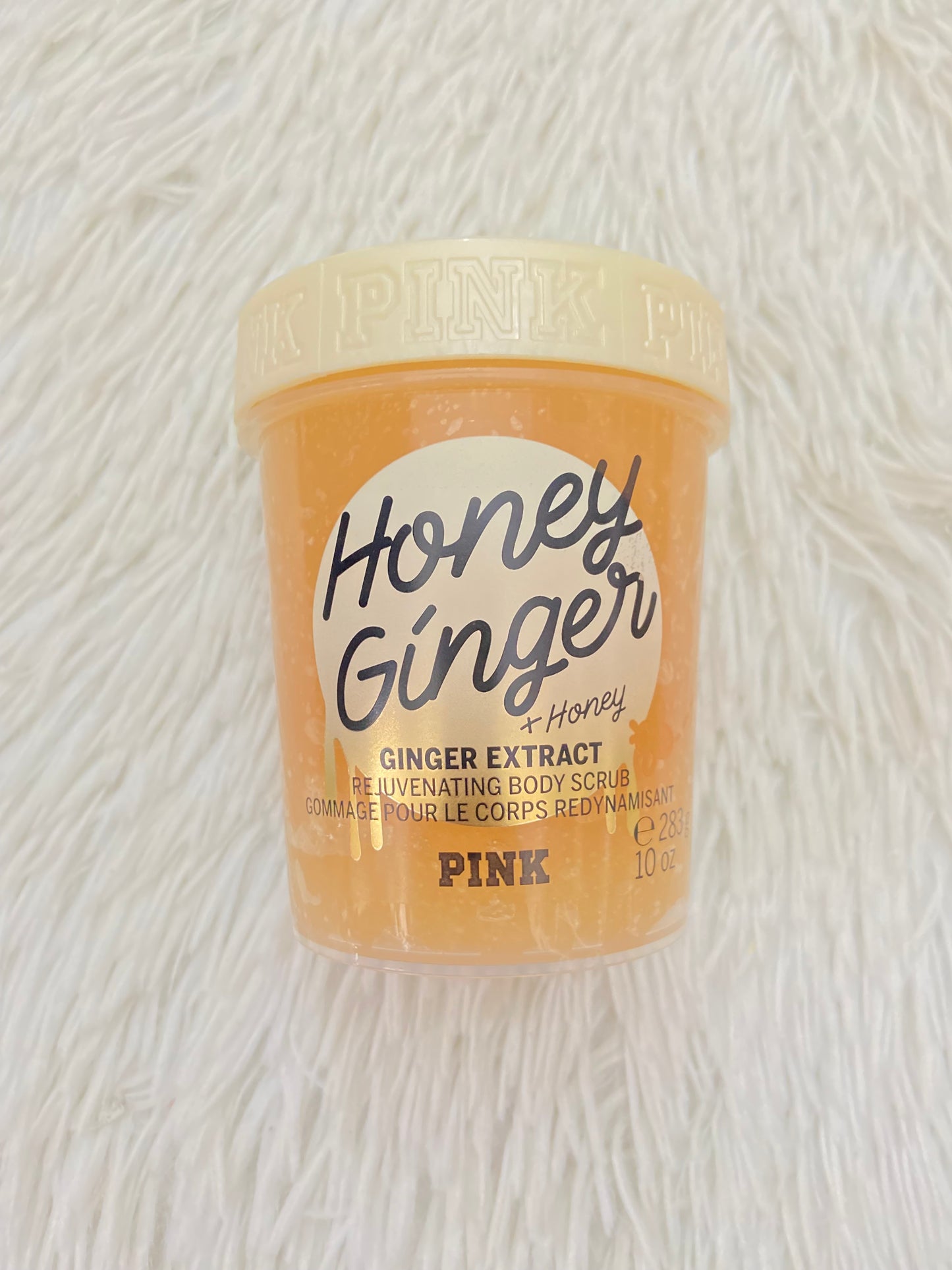 Exfoliante PINK original amarillo, HONEY GINGER, a base de miel y jengibre.