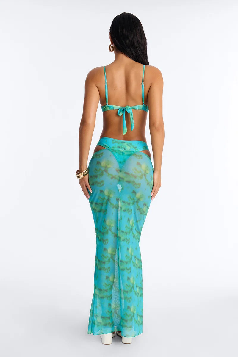 Biquini, azul/ verde turquesa, con salida de playa, 3 piezas.