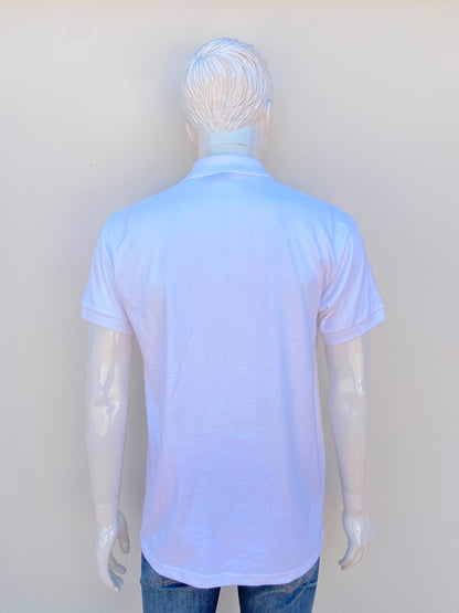 Polocher GILDAN original, blanco liso con varios botones en el cuello, 50% algodón