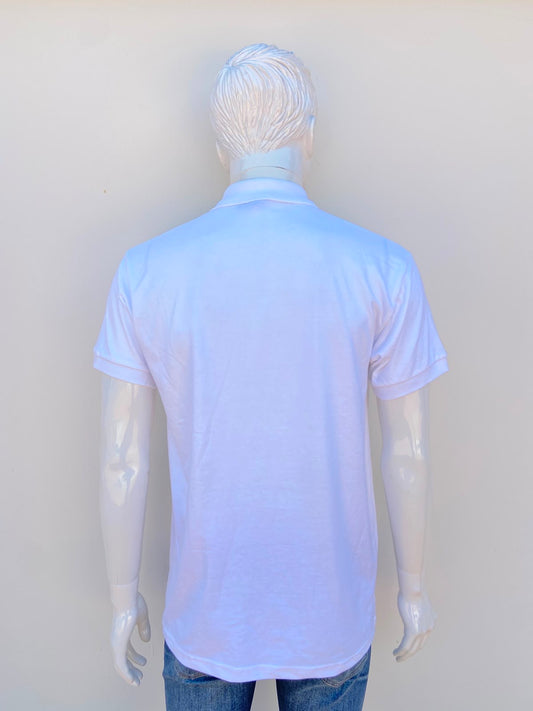 Polocher GILDAN original, blanco liso con varios botones en el cuello, 50% algodón