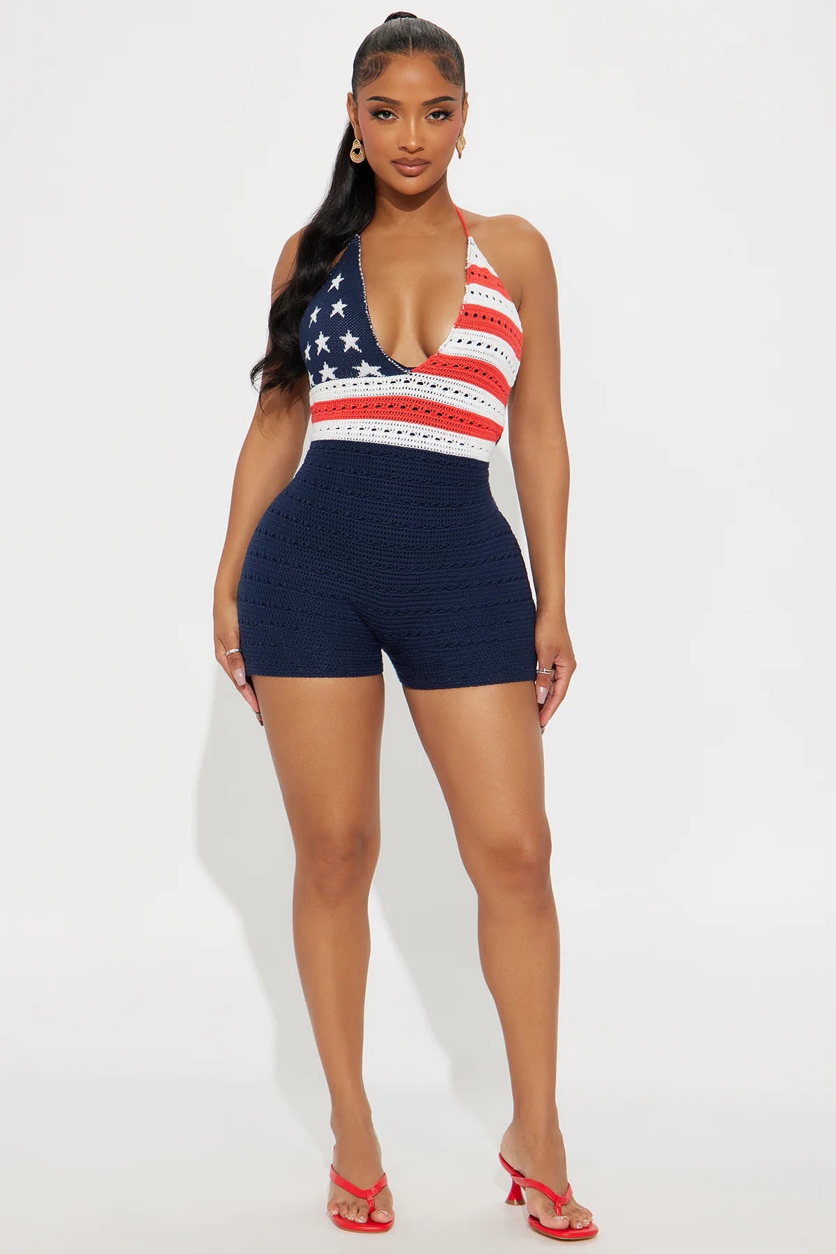 Enterizo Fashion Nova, talla grande Xlarge en azul marino, rojo y blanco , estilo crochet