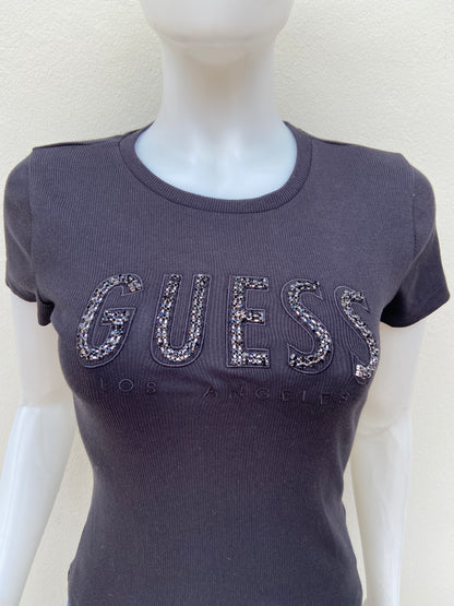 T-shirt GUESS original, negro con letras en piedras GUESS LOS ÁNGELES.