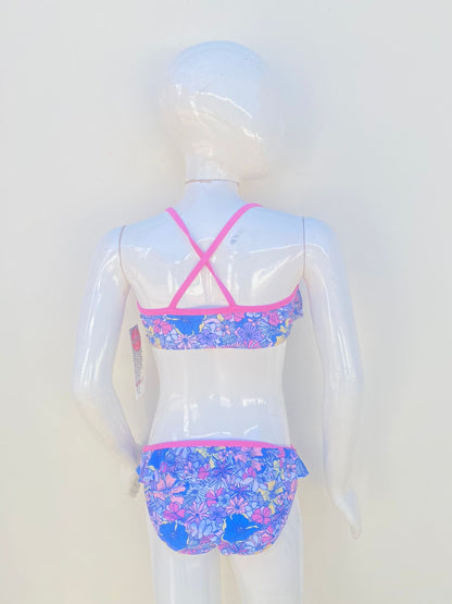 Biquini  niñas Kensie Girl original rosado con estampado de flores morado.