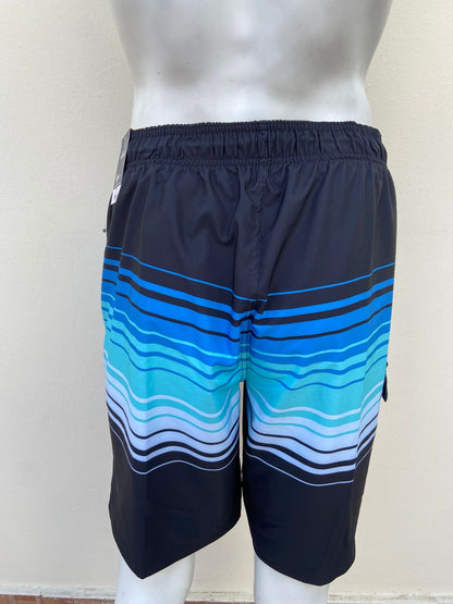 Bañador/Baggy GEORGE original, negro con rayas en tonos diferentes de azul, Aqua, verde y lazos ajustables.