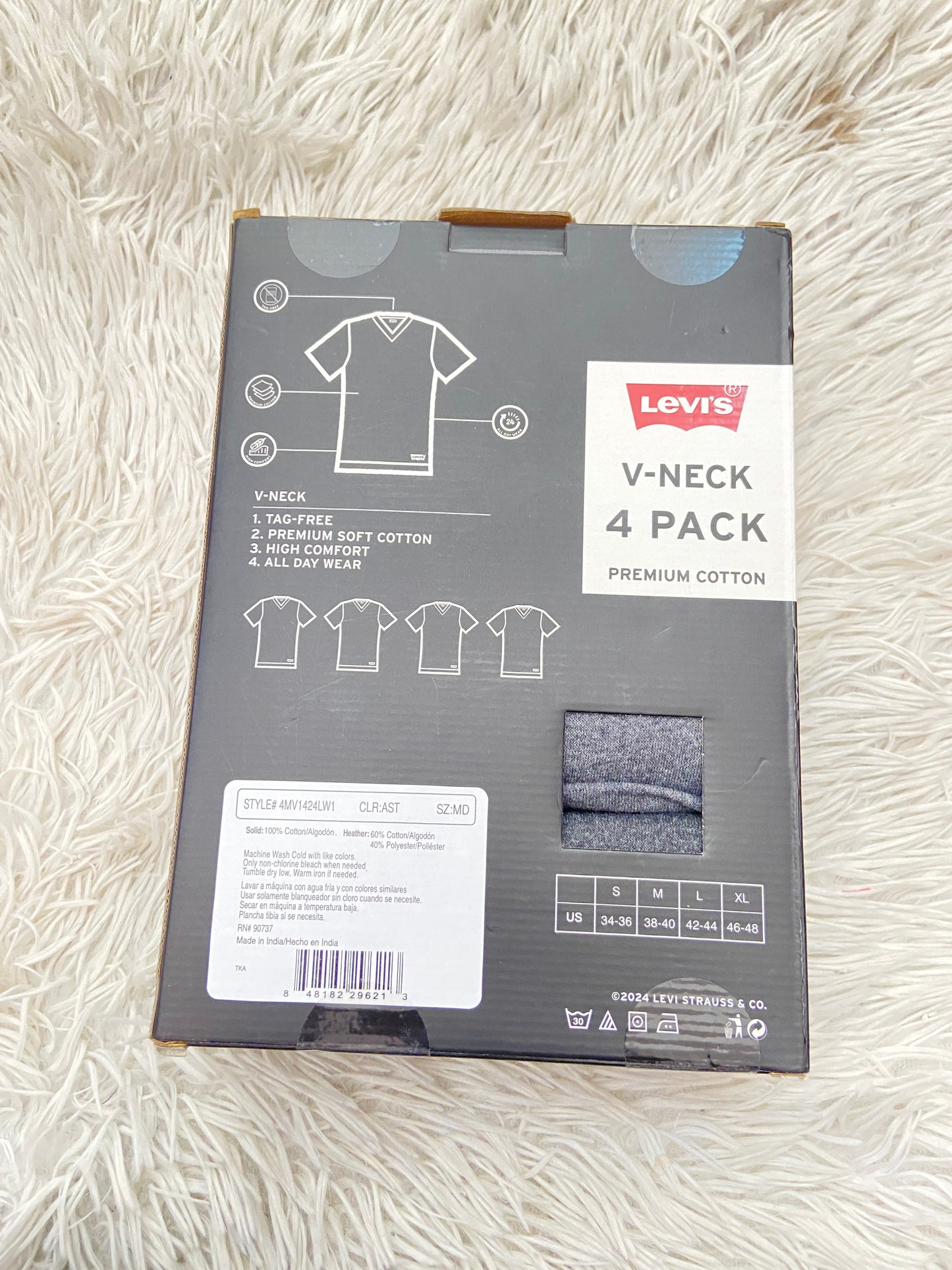 Pack- 4 Levi’s original de t-shirt cuello V, negro, gris claro, gris oscuro y gris charcoal.