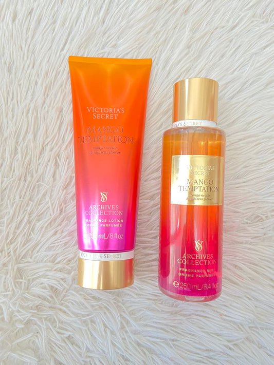 Set Victoria’s Secret original MANGO TEMPTATION naranja y rosado.