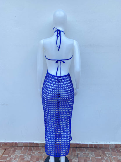 Vestido/ Cover up azul oscuro con brillos y abierto a en los lados, largo.