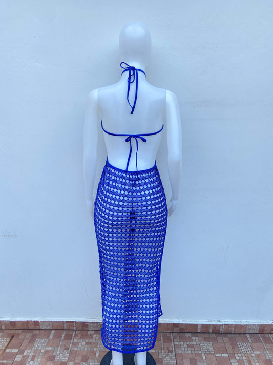 Vestido/ Cover up azul oscuro con brillos y abierto a en los lados, largo.