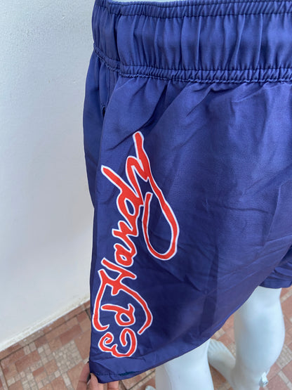 Bañador/Baggy, ED HARDY original azul marino con estampado de palmera y arcoíris.