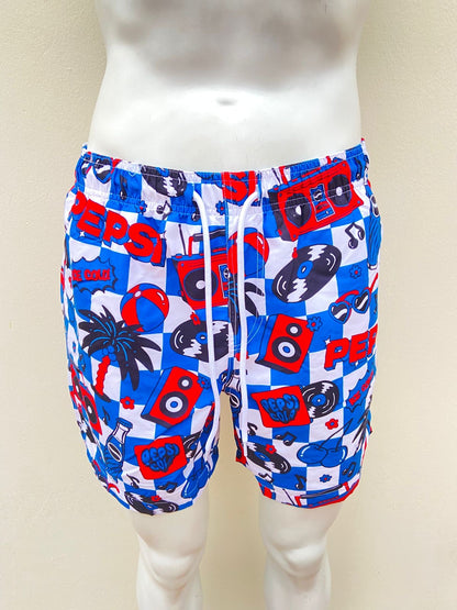 Bañador/Baggy, azul con estampado de discos, palmeras y flores en color blanco y rojo.