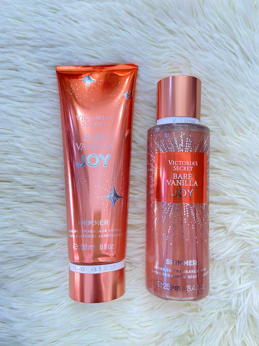 Set Victoria’s Secret original, naranja con brillos, crema y colonia, BARE VANILLA JOY.
