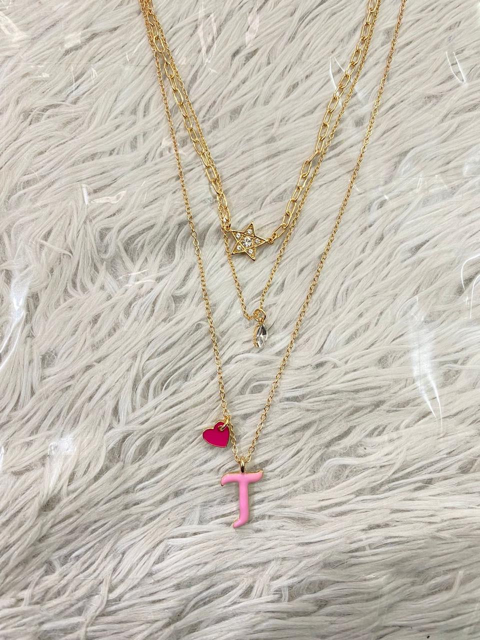 Cadena Forever 21 original, de 3 piezas, con la inicial de tu nombre en rosado, con estrella y corazón. Letras de I O C N T E D B y K disponibles