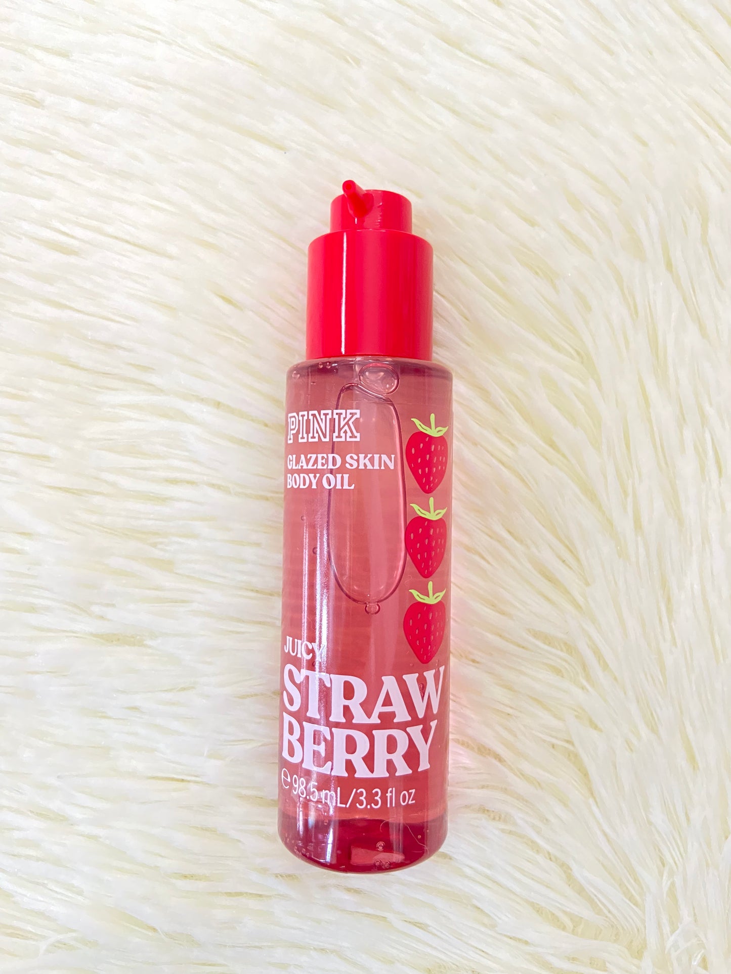 Pack PINK original, de colonia, aceite y crema minis, rojo, JUICY STRAWBERRY, con brillitos. Más el bolso
