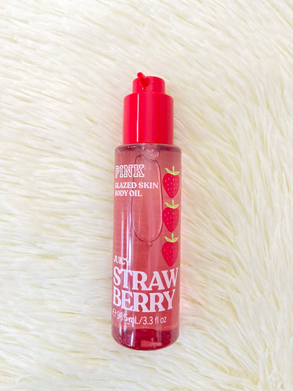 Pack PINK original, de colonia, aceite y crema minis, rojo, JUICY STRAWBERRY, con brillitos. Más el bolso