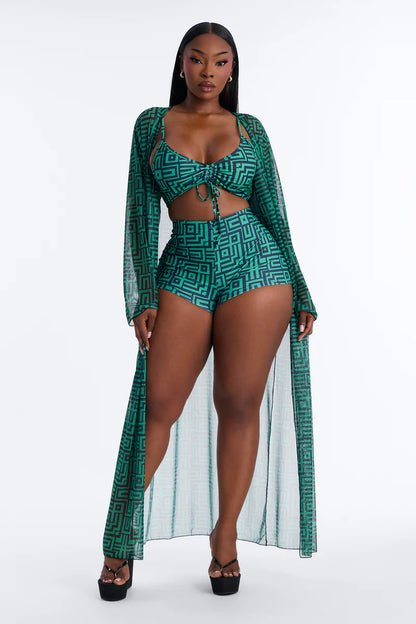 Biquini, verde con negro con cuadros y lazos ajustables, más cover Up  de manga larga.