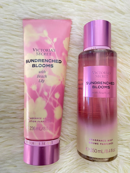 Set Victoria’s Secret original, rosado con crema, colonia y crema, SUNDRENCHED BLOOMS.