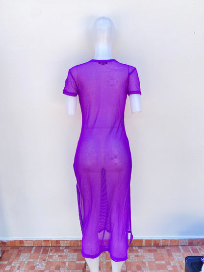 Vestido/ Cover Up LOVE original, morado, estilo mallas y letras LA y palmeras en frente.
