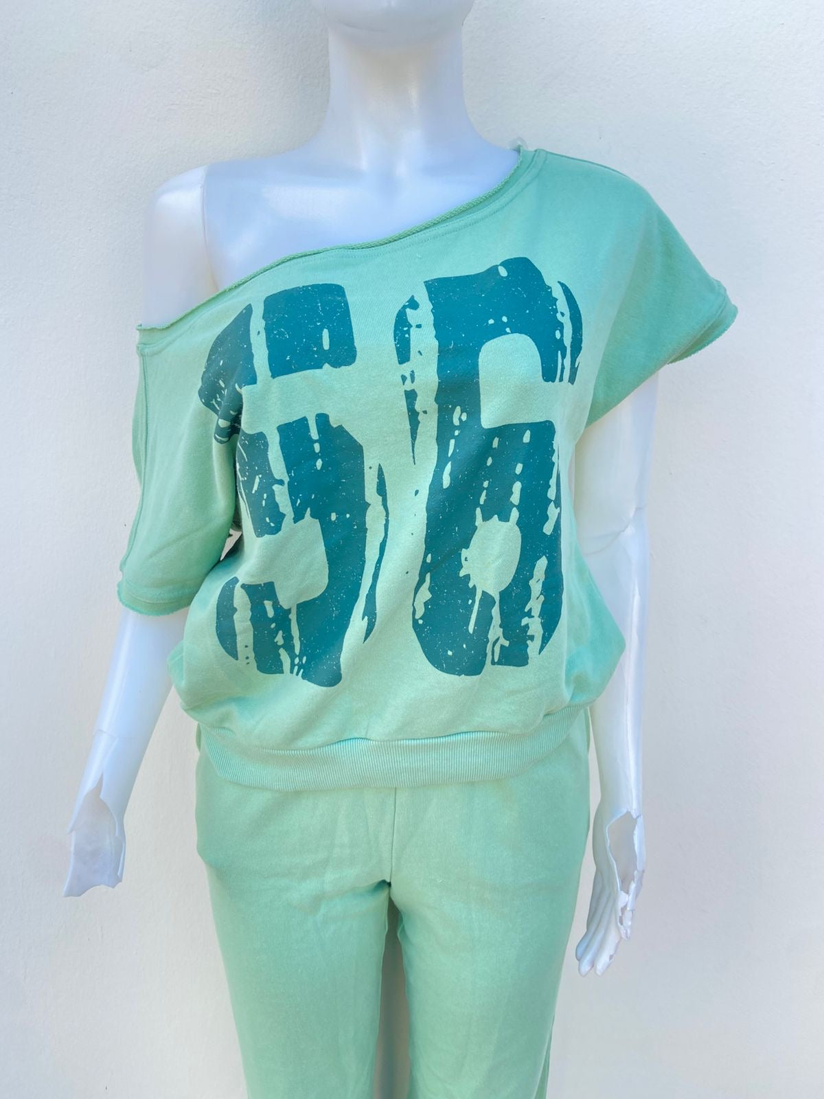 Conjunto, verde pastel ( sage) de pants y blusa mas número 56 en frente.