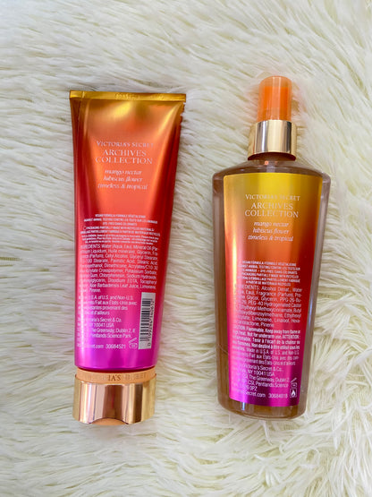 Set Victoria’s Secret original, naranja con crema y colonia, MANGO TEMPTATION, mango nectarino hibiscus FLOWER.