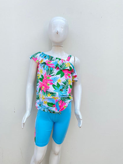 Conjunto GIRLS original, azul con estampado de rosas azules y rosadas.