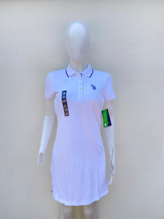 Vestido U.S POLO original blanco con líneas en color azul marino y logotipo de la marca.