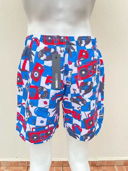Bañador/Baggy, azul con estampado de discos, palmeras y flores en color blanco y rojo.