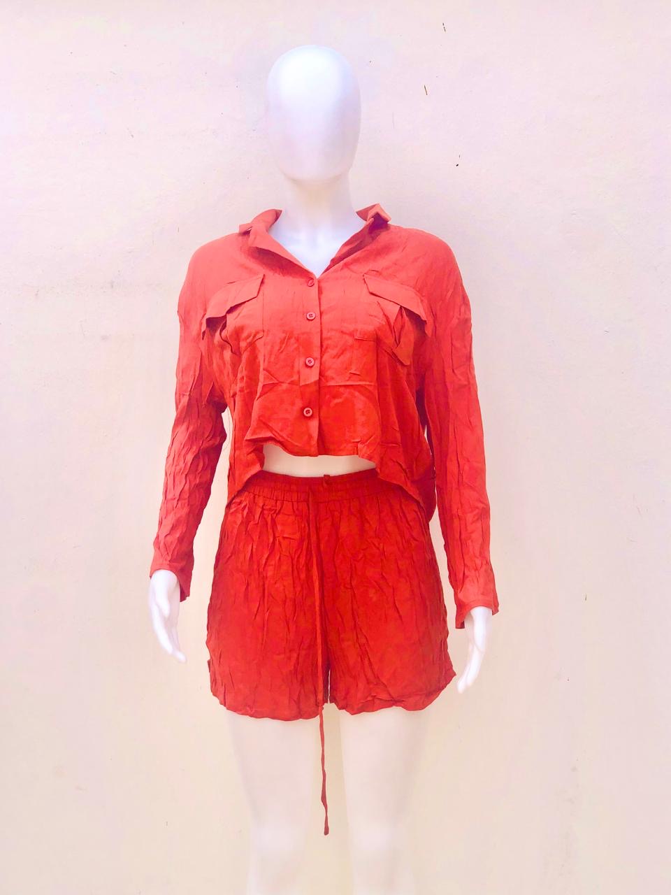 Conjunto lino, color naranja ladrillo ( rust ), de short y camisa