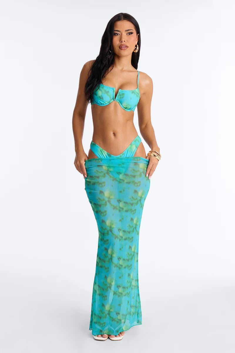 Biquini, azul/ verde turquesa, con salida de playa, 3 piezas.