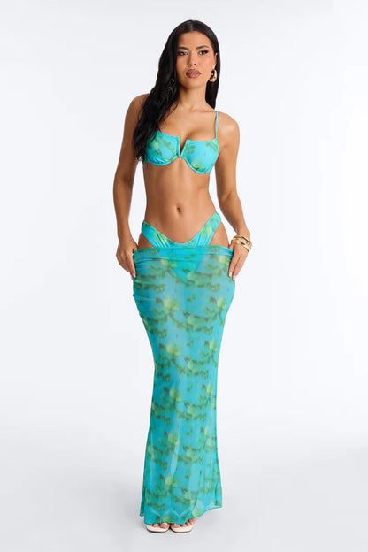 Biquini, azul/ verde turquesa, con salida de playa, 3 piezas.