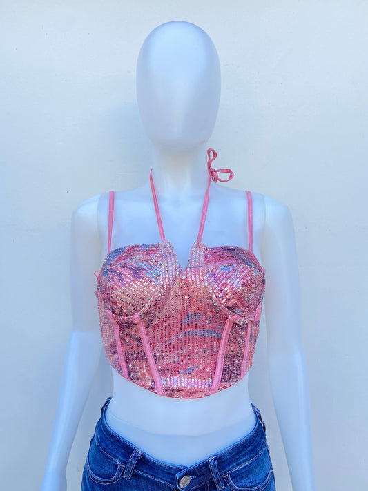 Top Fashion Nova original rosado con lentejuelas y lazos ajustables.