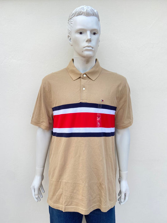 Polocher TOMMY HILFIGER original, marrón con rayas en color rojo, azul marino y blanco.