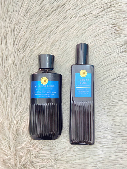 Set Bath & Body Works original, HUES OF BLUE, de colonia y gel de baño.