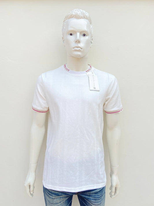 T-shirt VERTICAL SPORT original, blanco hueso ( IVORY) con cuello en color crema y rojo vino.