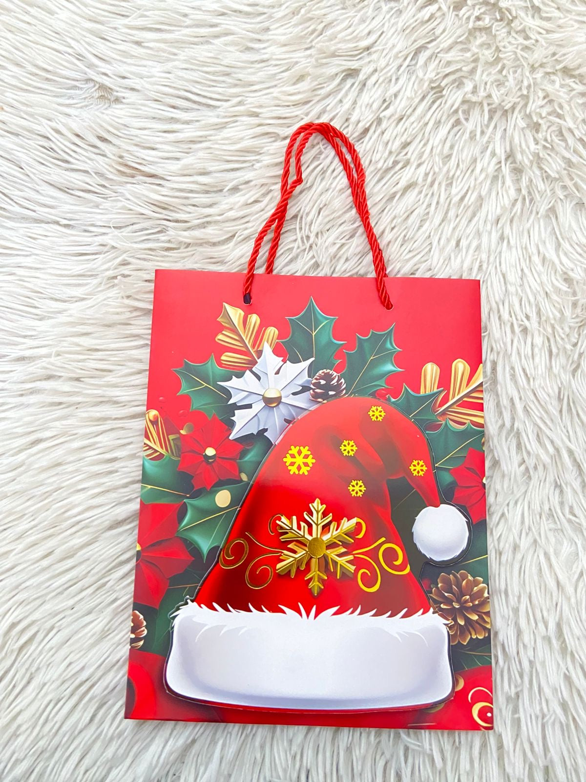 Shopping, rojo con estampado de gorro navideño, PEQUEÑO.