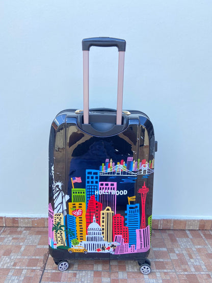 Maleta ROCKLAND original negra con la ciudad de HOLLYWOOD. Material ABS resistente al agua.  Asa telescópica ajustable