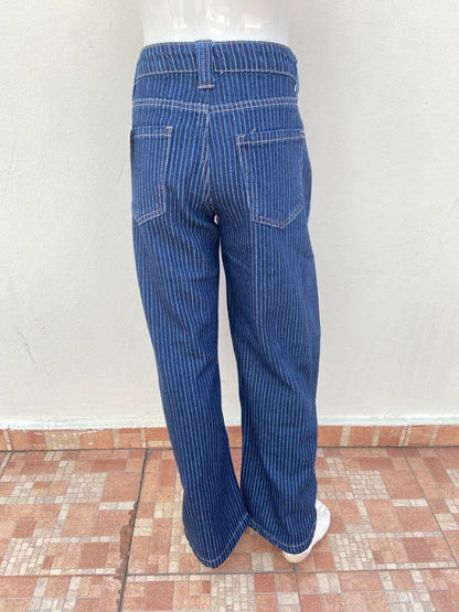 Pantalon Jean FOREVER 21 Original en color azul oscuro con estampado de rayas en tonos azules, ancho