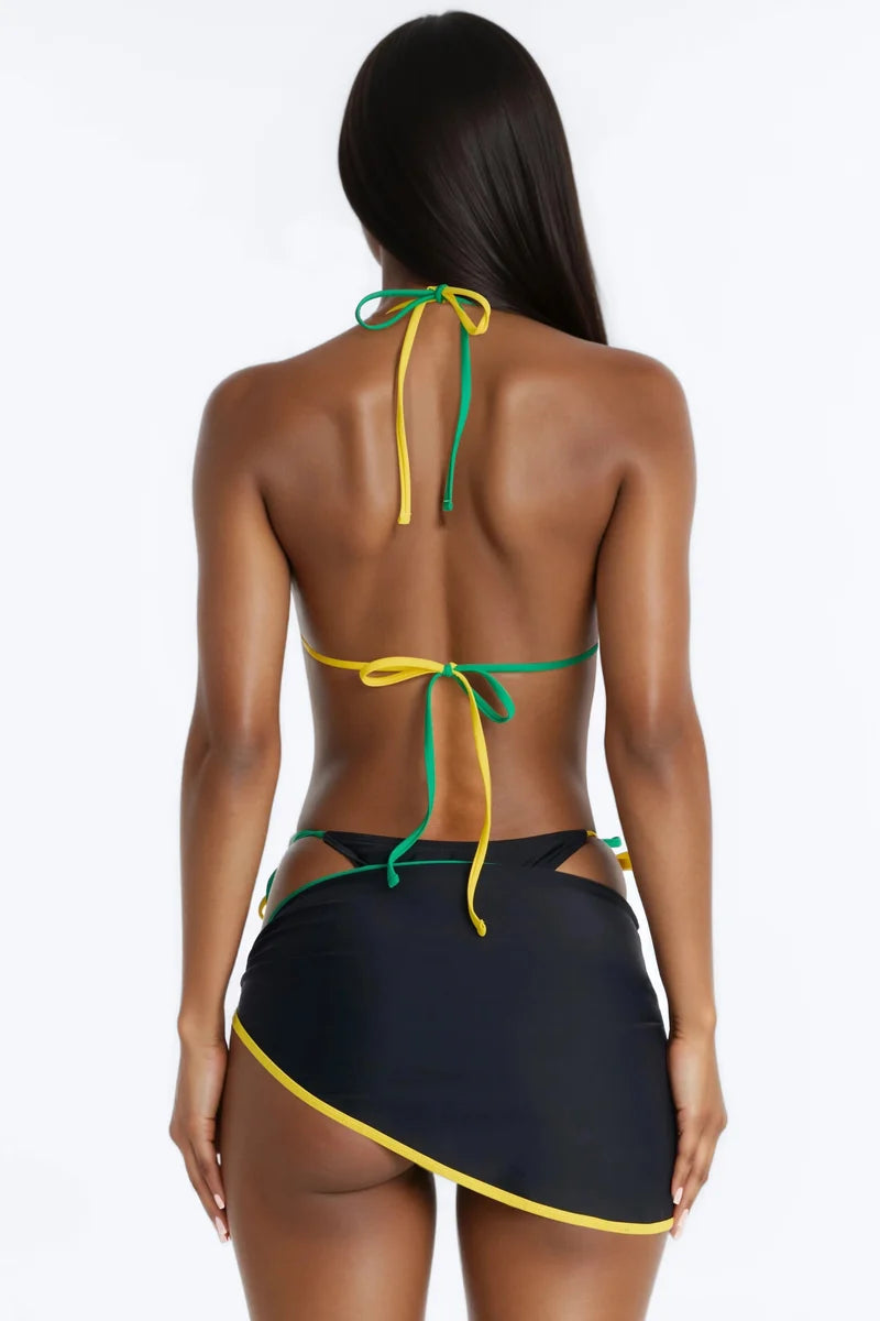 Biquini, negro con lazos ajustables en color amarillo y verde, más cover up, 3 piezas.